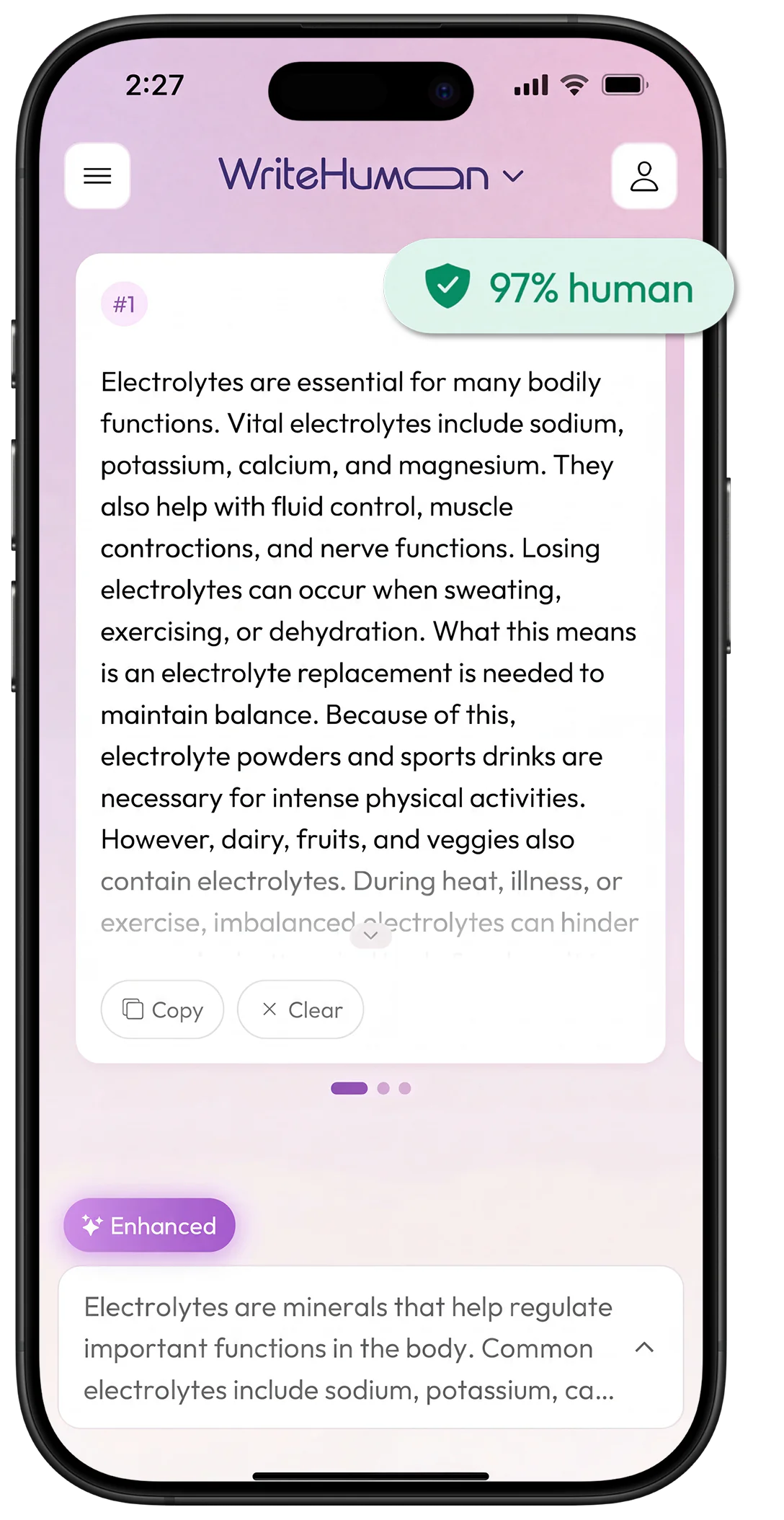 WriteHuman app on iPhone showing the humanizer with a 97% human score